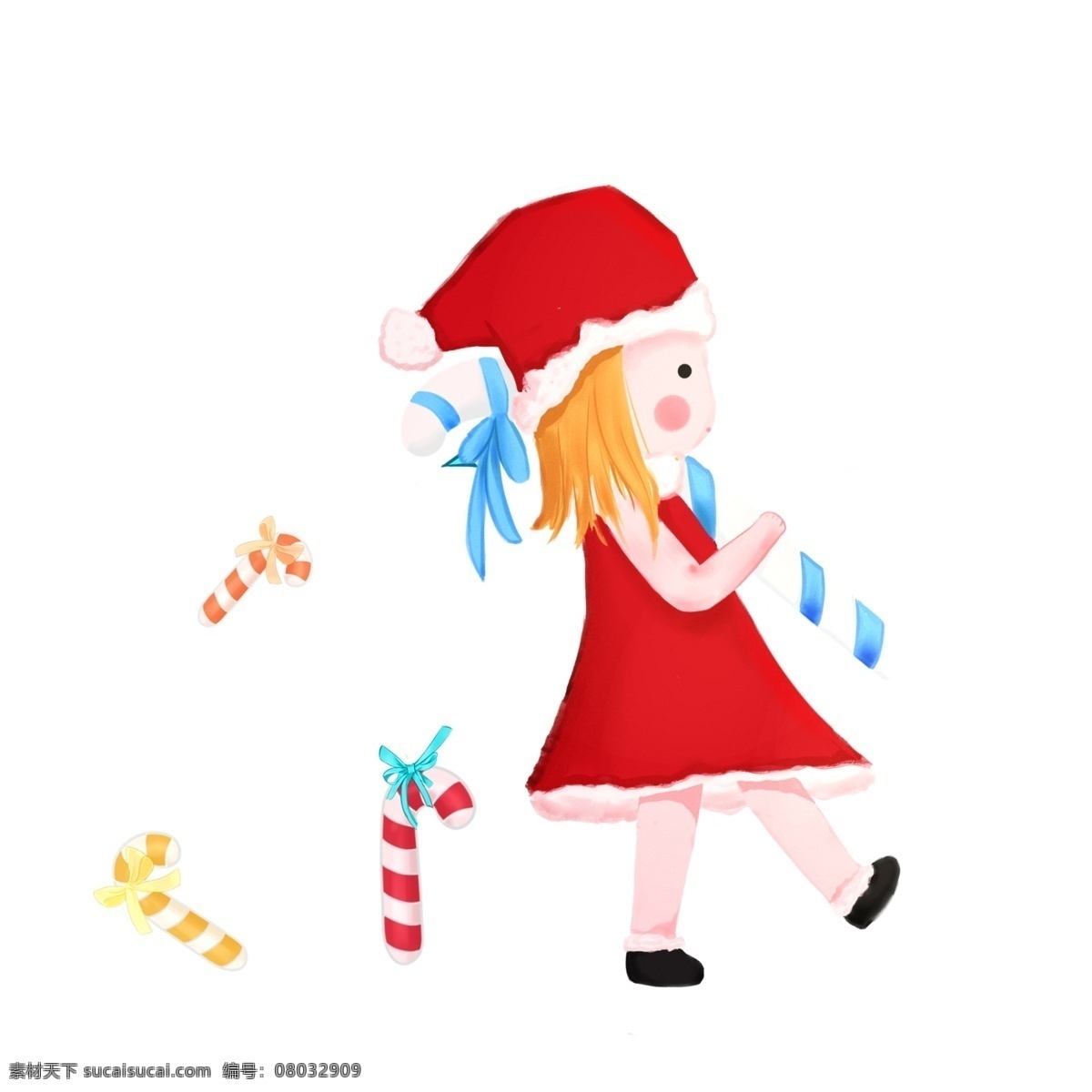 圣诞节 圣诞 糖果 小女孩 圣诞老人 圣诞帽 圣诞小女孩 可爱 卡通 手绘 立体 拐杖糖果 糖果女孩