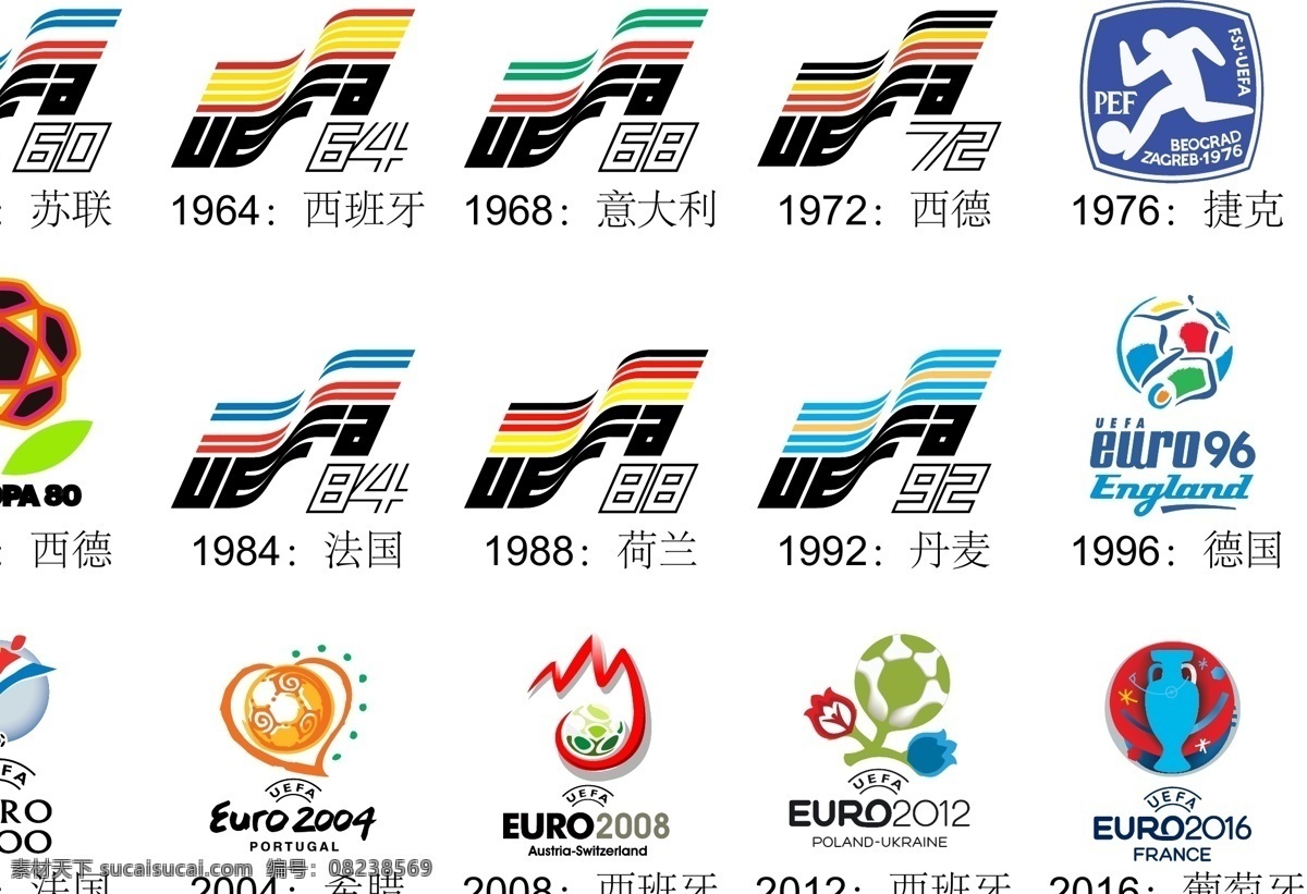 历届 欧洲杯 足球赛 标志 锦标赛 欧锦赛 欧洲 苏联 西班牙 意大利 西德 法国 荷兰 丹麦 德国 希腊 葡萄牙 体育 标志图标 公共标识标志