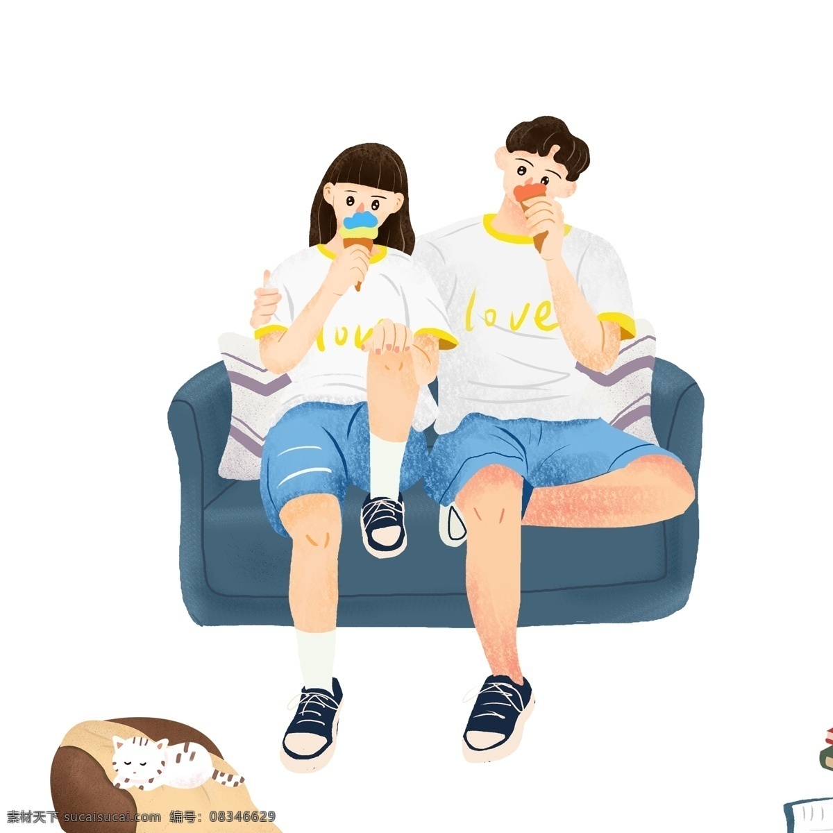手绘 穿着 情侣装 坐在 沙发 上 吃 冰淇淋 情侣 清新 插画 人物 吃冰淇淋 520表白节 女孩 男孩