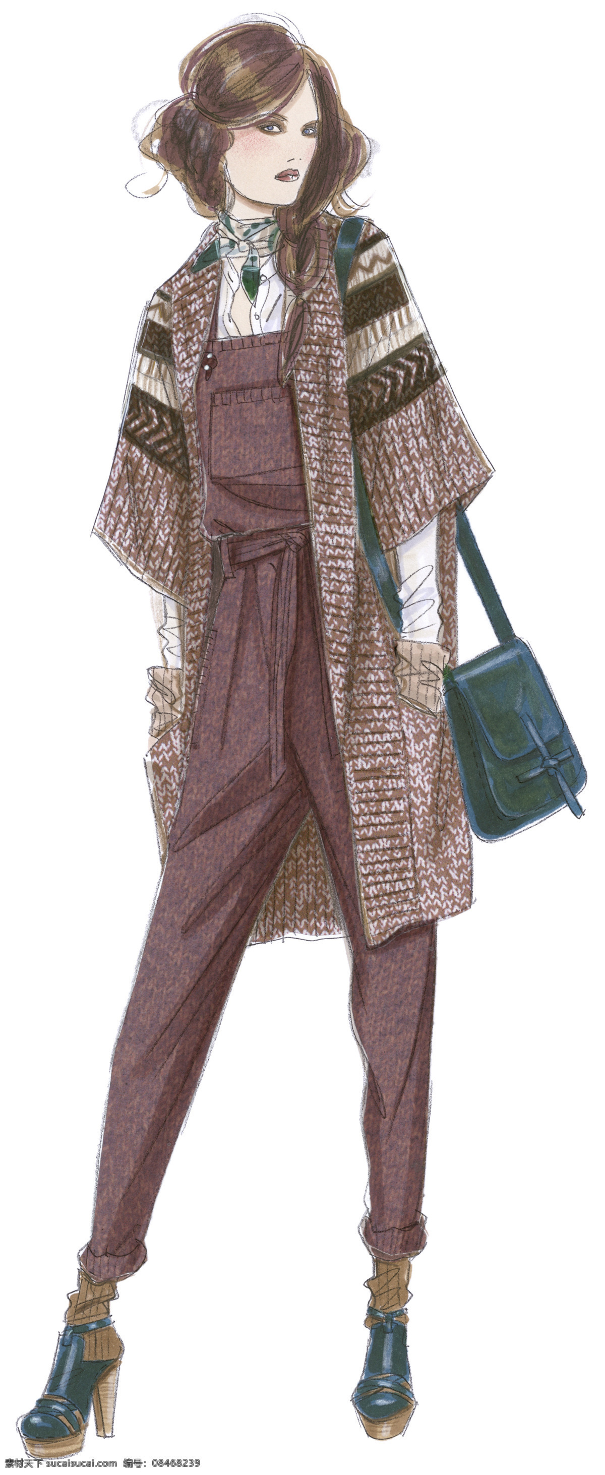 個性 俏皮 毛衣 外套 服裝 效果圖 服裝效果圖 連衣褲 女裝 上衣 深藍色包包 鞋子