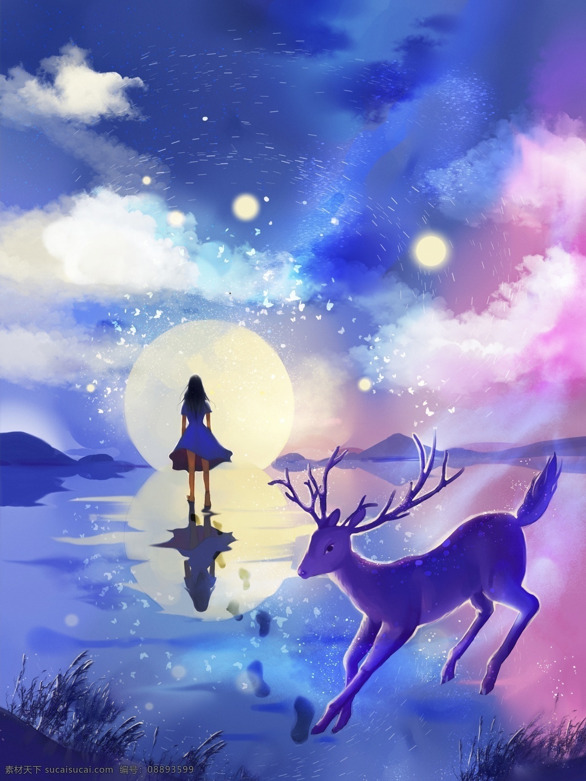 唯美 小 清新 少女 星空 鹿 插画 小清新 麋鹿 夜空 芦苇 月亮 星河