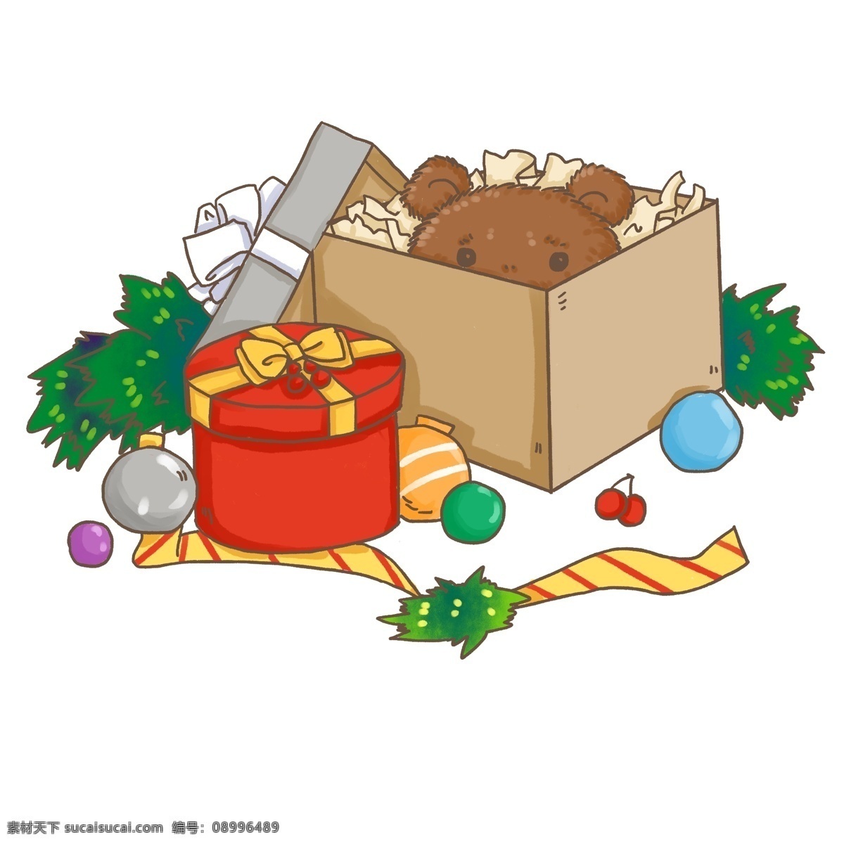 平安夜 圣诞节 礼物 盒 小 熊 玩偶 圆形 礼物盒 温馨 可爱 小熊玩具 圆形盒子 儿童 松枝 西方节日