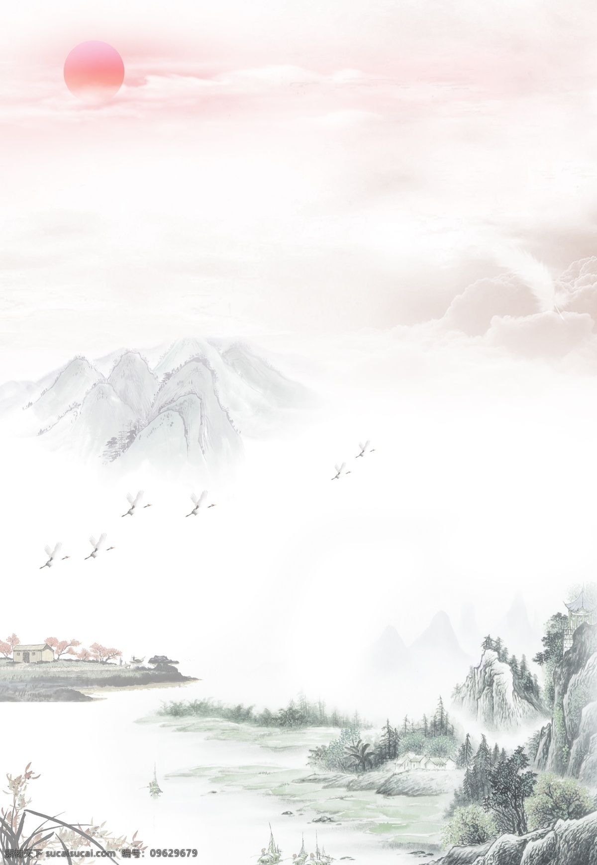 山水畫 日落圖片 山水 日落 夕陽 河水 彩色山水 鶯飛草長(zhǎng) 分層