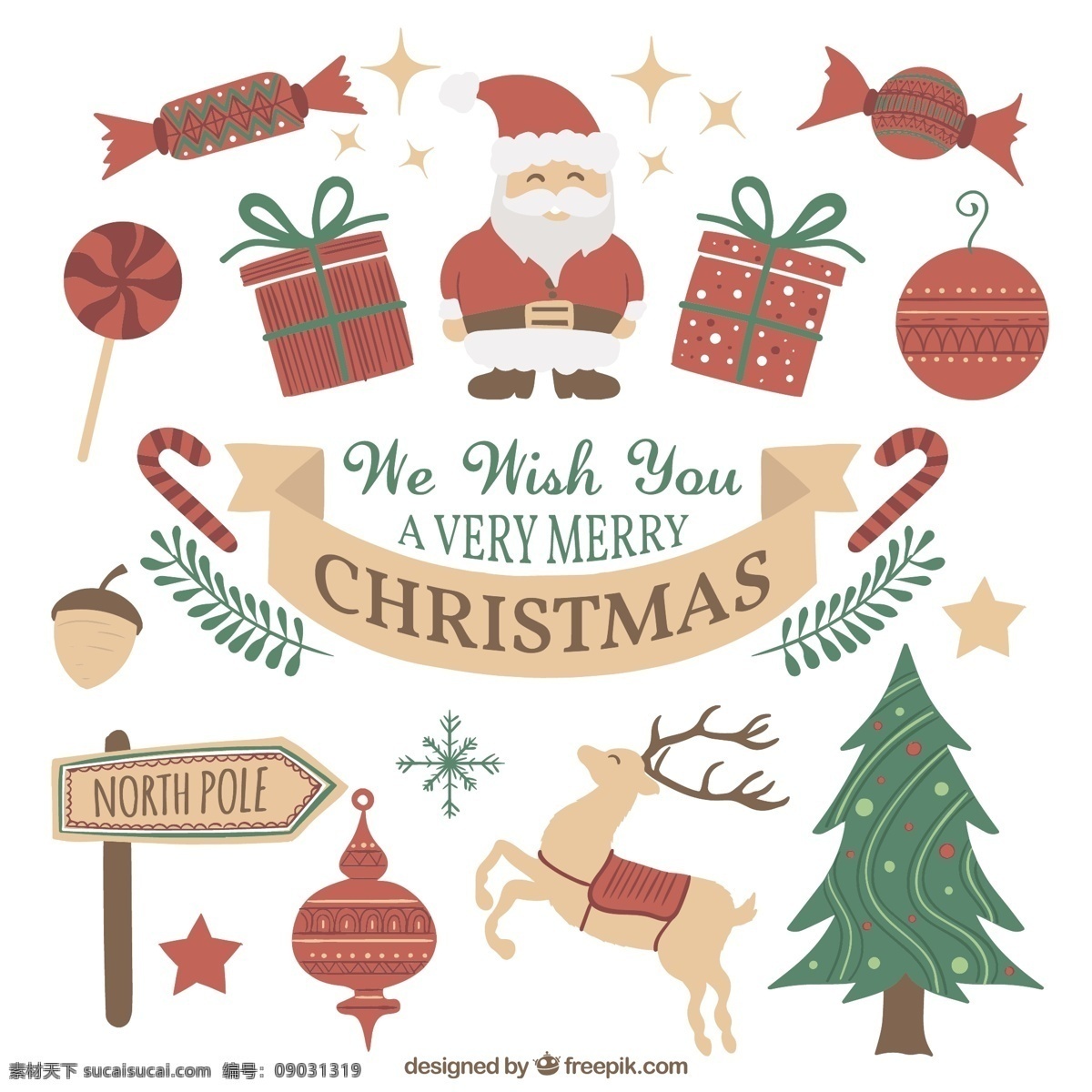 手工 绘制 圣诞 元素 圣诞树 一方面 礼品 圣诞快乐 冬天 手绘 快乐 圣诞老人 克劳斯 节日 庆祝 礼物 装饰 绘画 驯鹿 白色