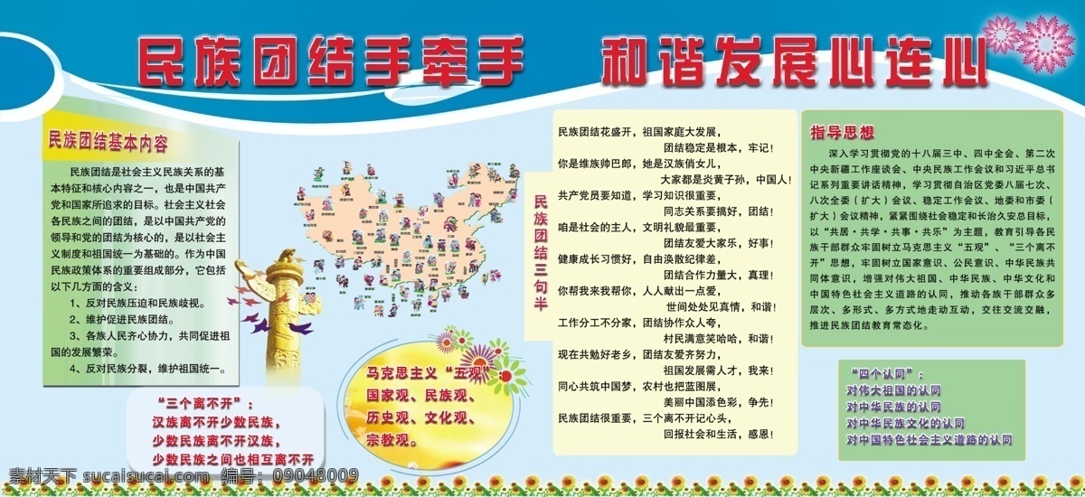 民族手牵手 和谐 发展 心连心 民族团结 基本内容 指导思想 三个离不开 四个认同