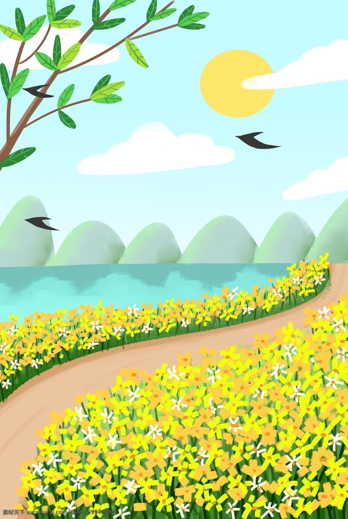 美丽 春季 景色 插画 春季景色 卡通景色 美丽的景色 绿树 树木 卡通大树 燕子 天空 蓝色天空 白云 开心