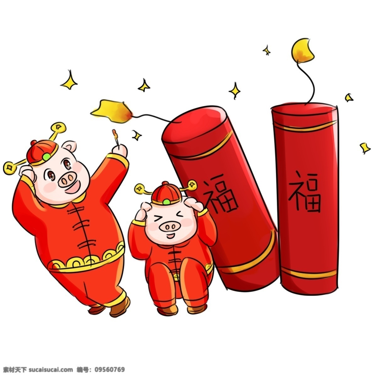 2019 猪年 新年 祝福 系列 卡通 手绘 q 版 放 鞭炮 新气象 手绘卡通 粉红猪 可爱 团聚 过年 烟花 q版 放鞭炮 福到