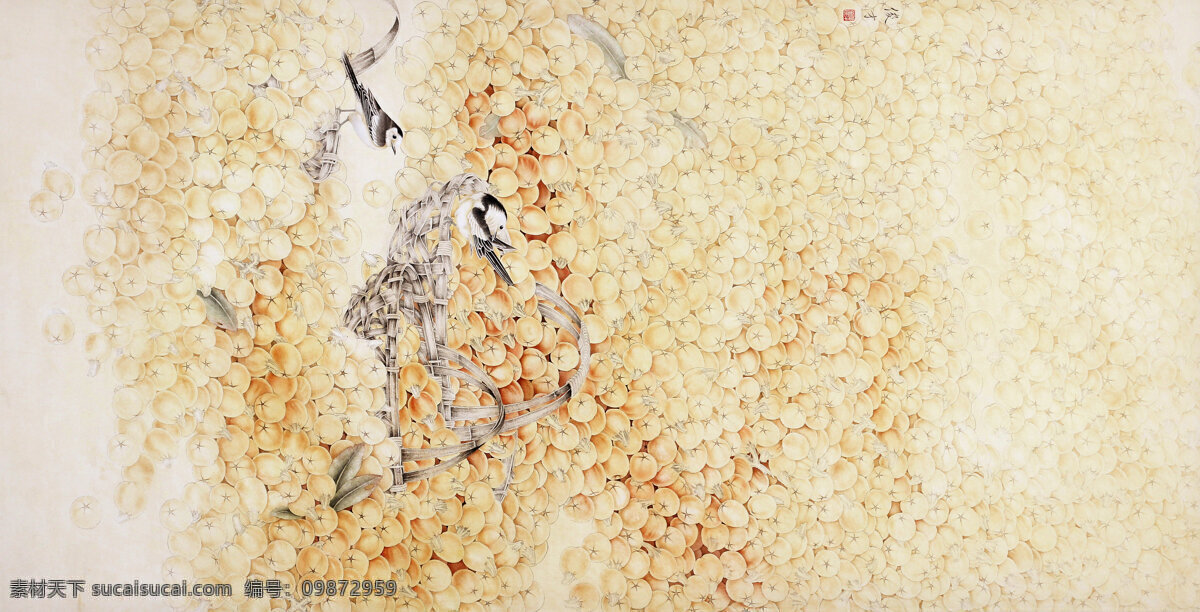 李俊 才 工笔画 金色 家园 鹡鸰鸟 竹篮 枇杷 一片丰收景象 绘画书法 文化艺术