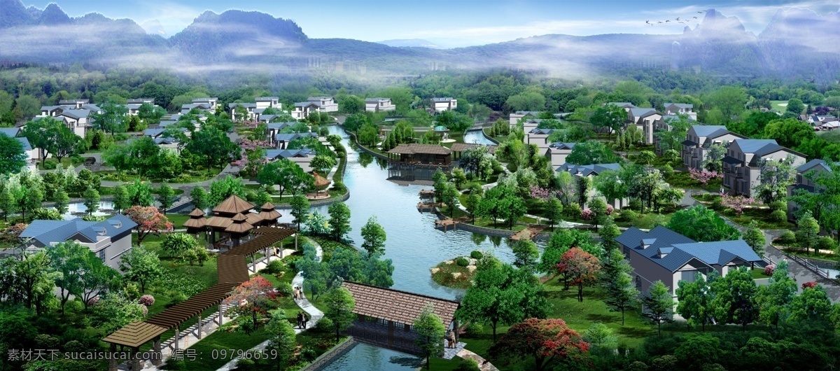 ps素材 長廊 高山 湖水 環(huán)境設(shè)計(jì) 建筑 景觀設(shè)計(jì) 綠草 小橋流水人家 效果圖 橋 綠化 園林設(shè)計(jì) 樹林 云霧 源文件