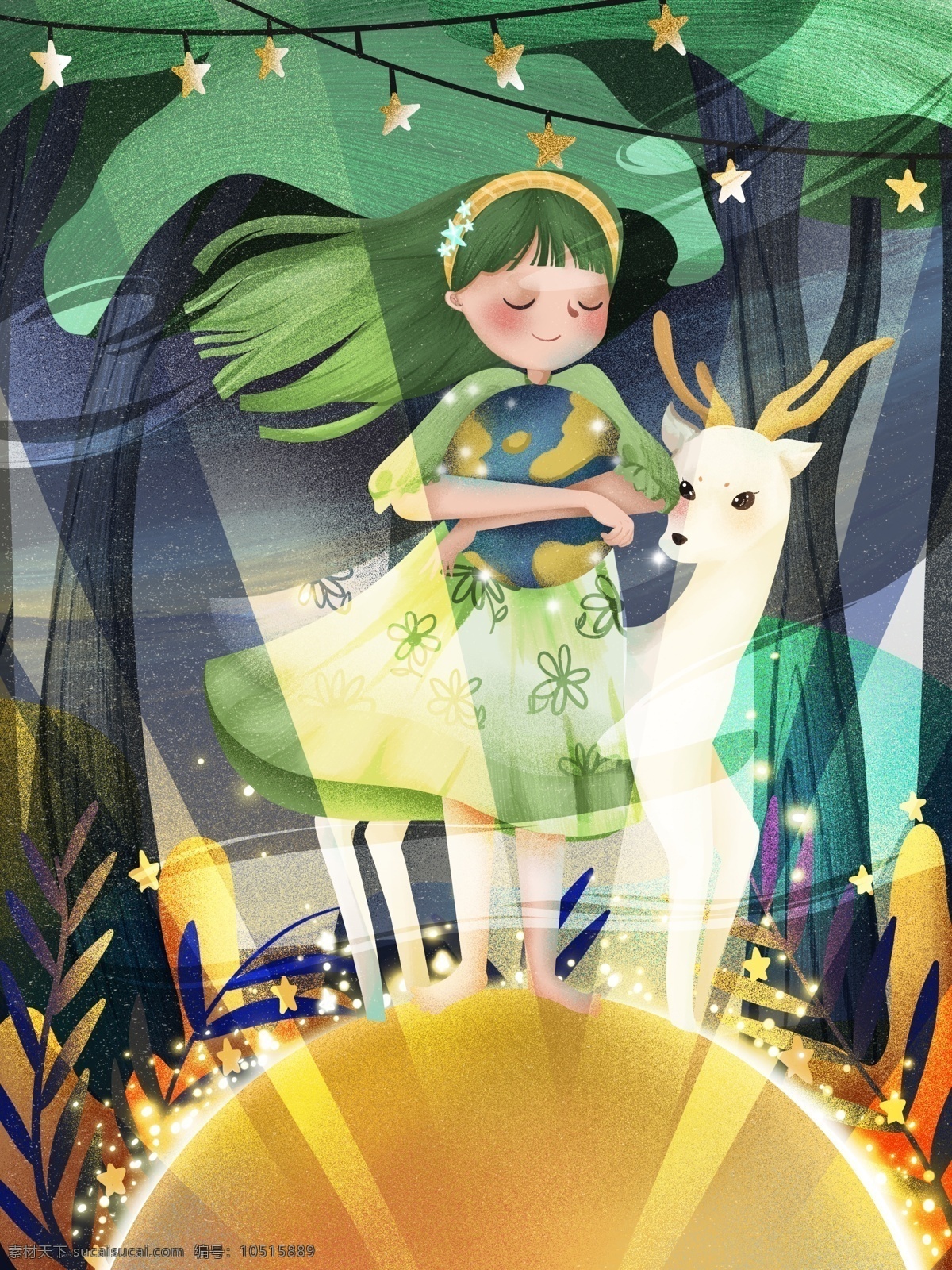世界环境日 女孩 抱 着地 球 梦幻 插画 鹿 森林 夜晚 星星 光芒