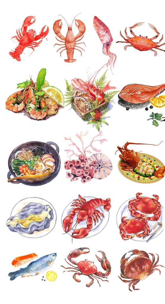手绘 海鲜 食物 素材图片 彩绘 免抠 小龙虾 螃蟹 口味 日料手绘 png素材