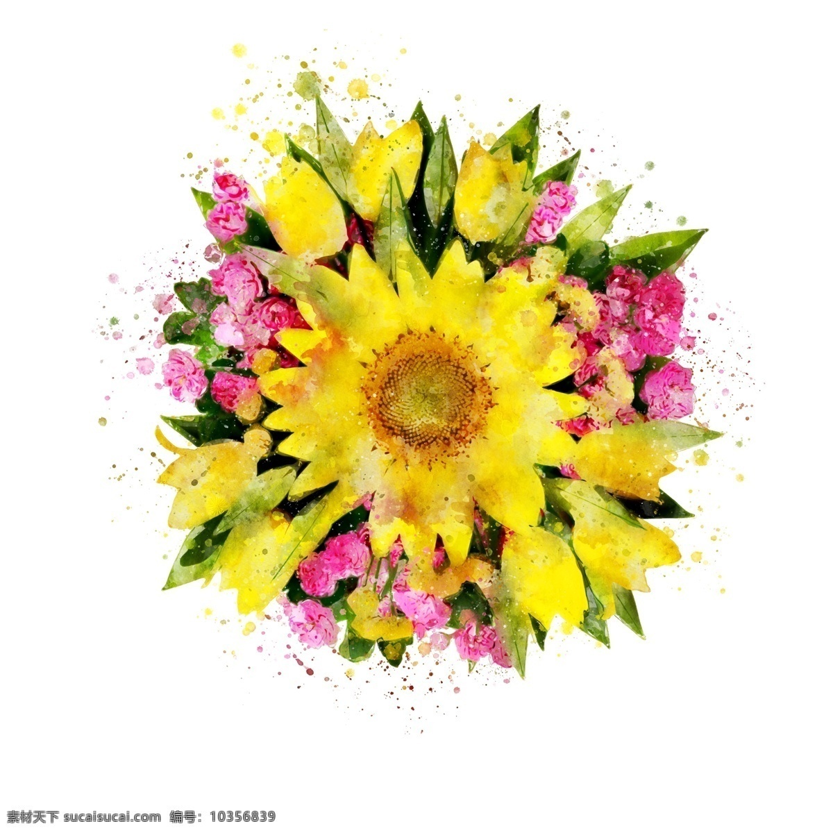 手绘 水彩 向日葵 鲜花 元素 黄色 花团 原创 粉色 一簇花卉