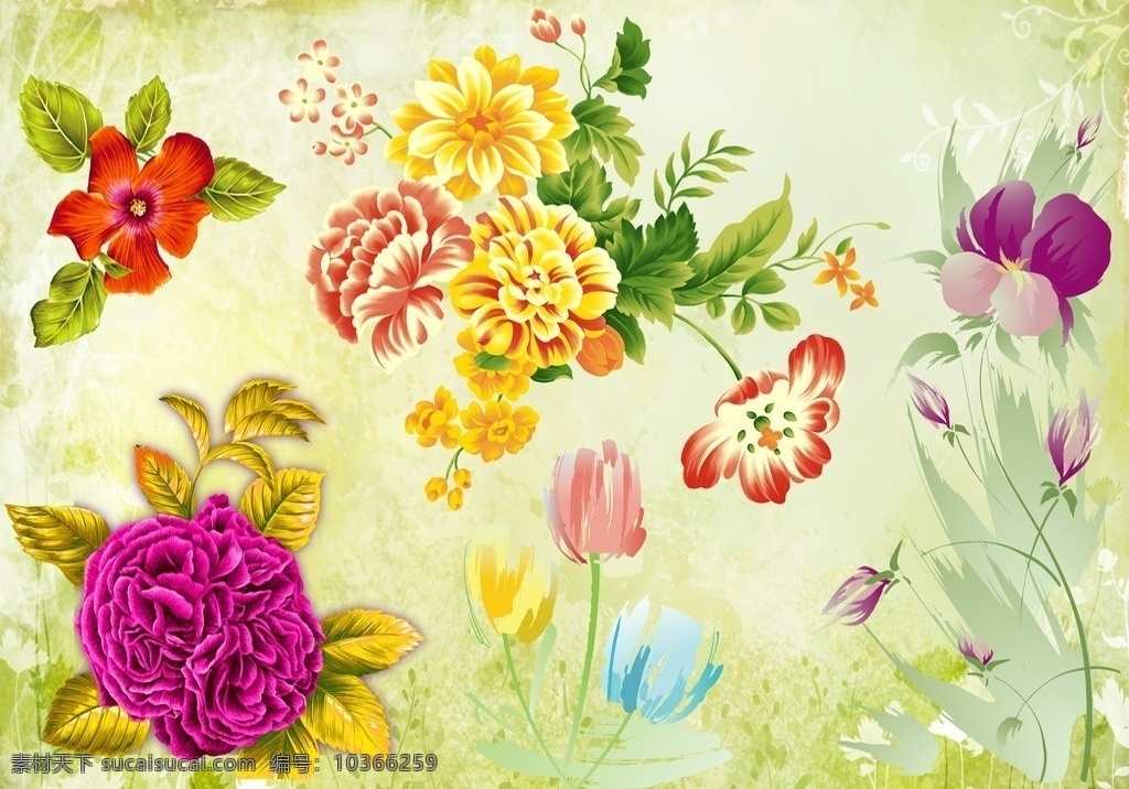 綠底紅花 郁金香 牡丹花 牽?；?百花爭艷 分層 源文件