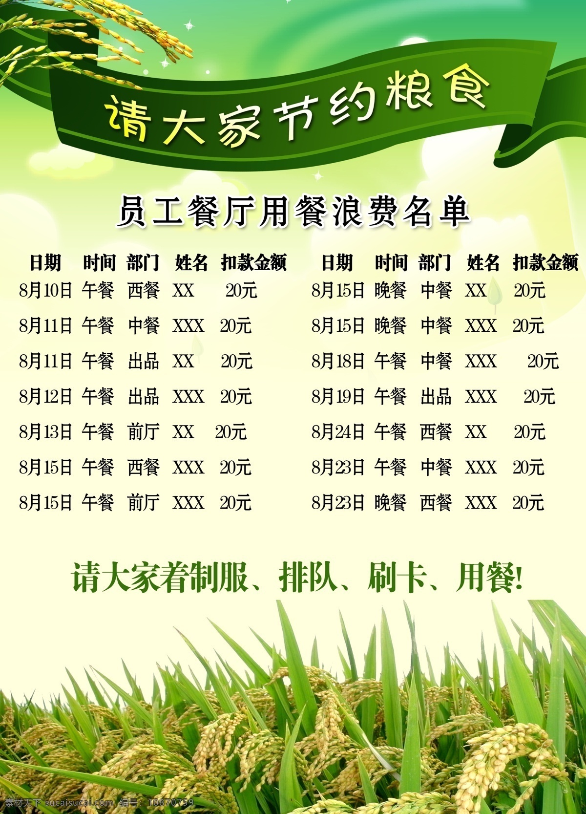 節(jié)約糧食展板 節(jié)約糧食 浪費糧食名單 稻草 水稻 綠色海報 展板模板 廣告設(shè)計模板 源文件