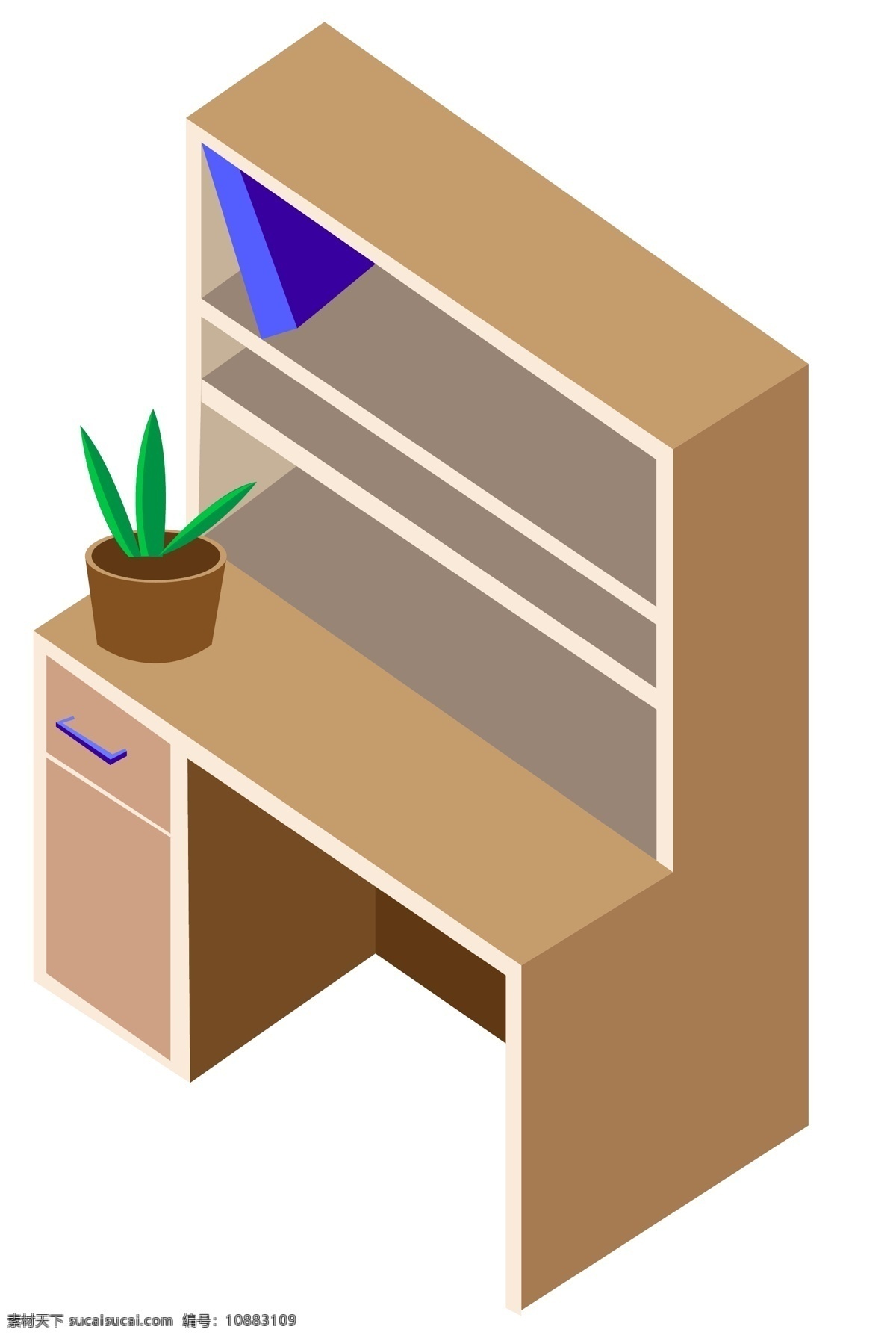 d 木质 书架 手绘 插画 2.5d书架 木质书架 蓝色的书籍 绿色植物盆栽 手绘书架 卡通书架 室内家具书架