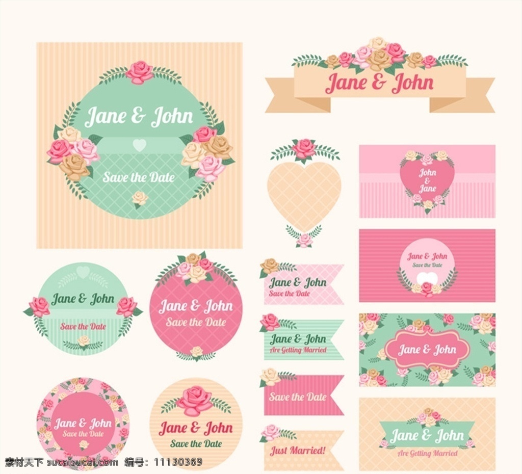 花卉 婚礼 标签 玫瑰花 爱心 卡片 浪漫 矢量 高清图片