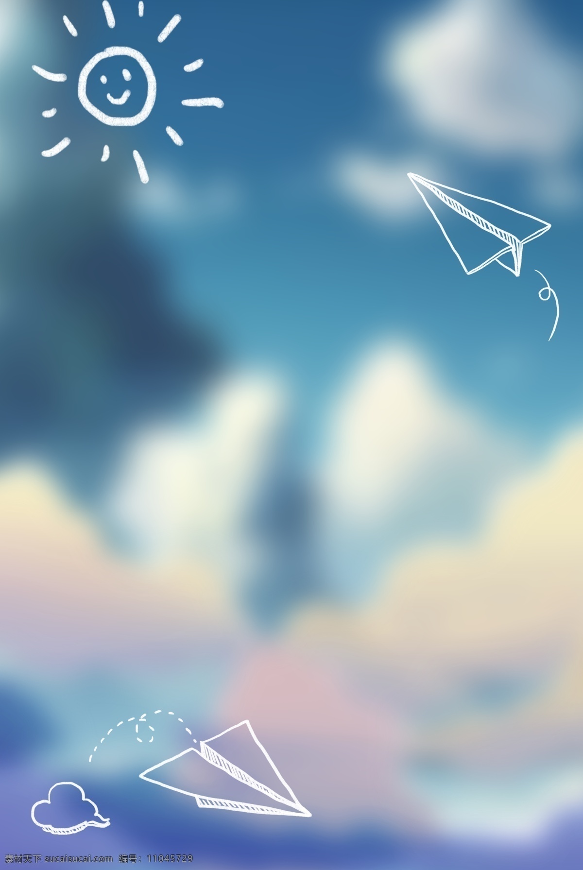 蓝天 白云 手绘 纸 飞机 广告 背景 纸飞机