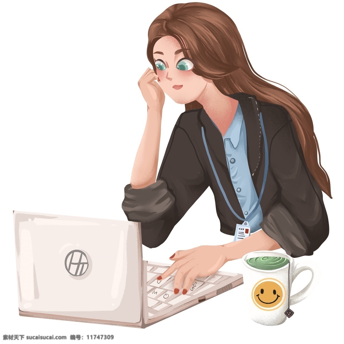 时尚 魅力 职业女性 手绘 卡通 插画 职业 女性 上班 电脑 水杯