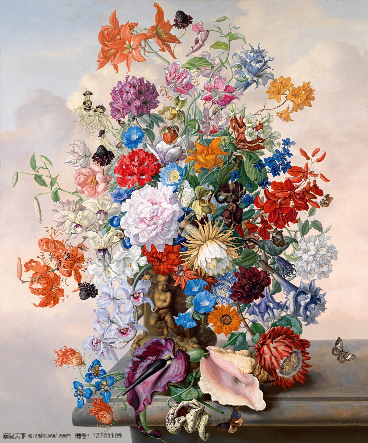 永恒 之美 玻璃花瓶 蝴蝶 绘画书法 文化艺术 油画 永恒之美 静物鲜花 混搭鲜花 19世纪油画 装饰素材