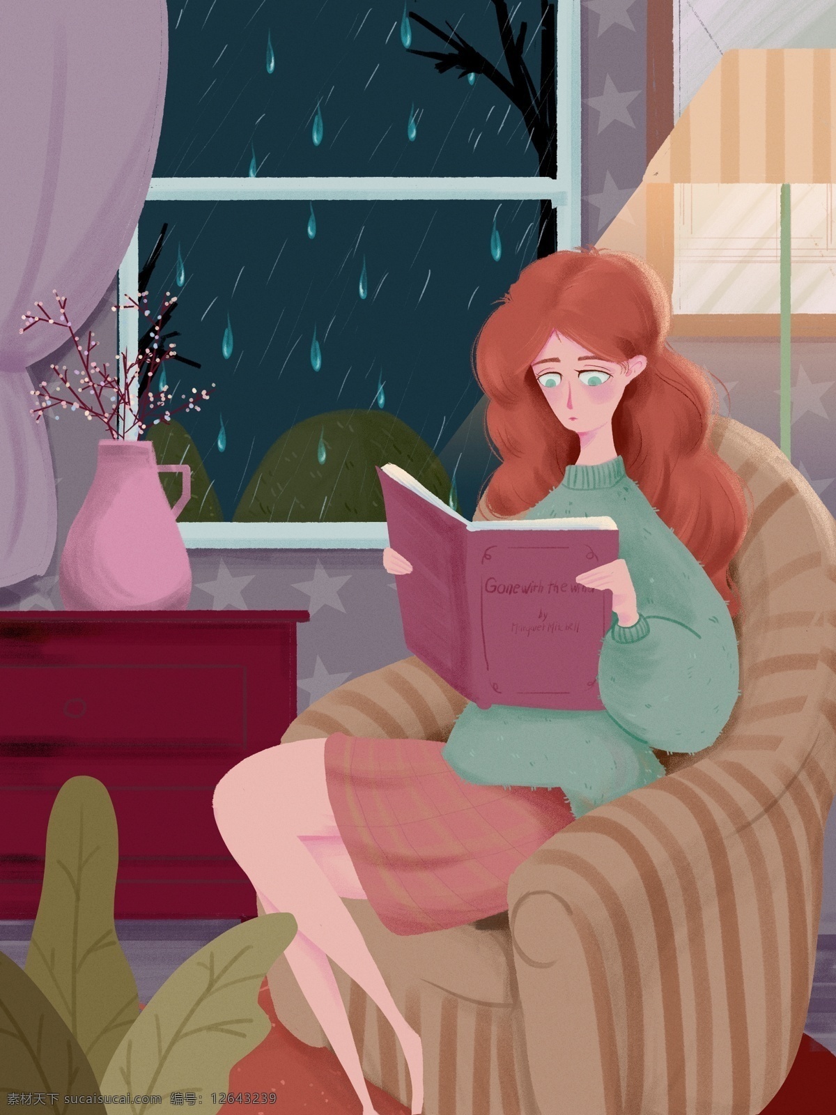原創(chuàng) 小 清新 插畫 雨夜 讀書 少女 下雨 夜晚 晚安 看書 女孩 沙發(fā) 雨 客廳 書房