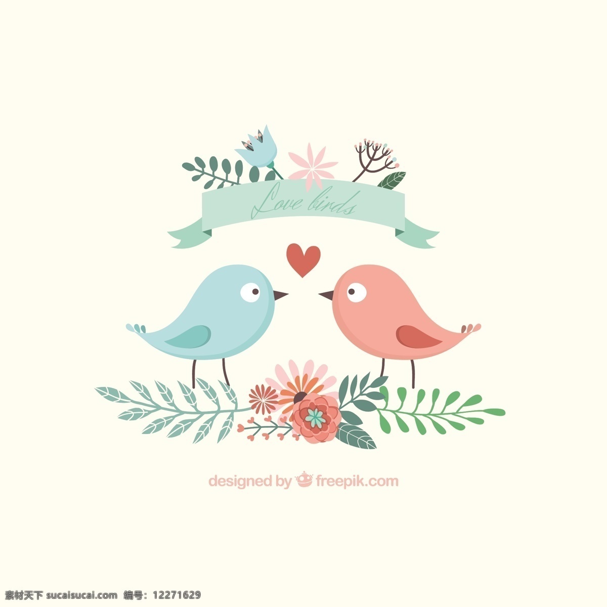 可爱 小鸟 插图 丝带 自然 可爱的 翅膀 树叶 夫妇 植物 浪漫 枝繁叶茂 在一起