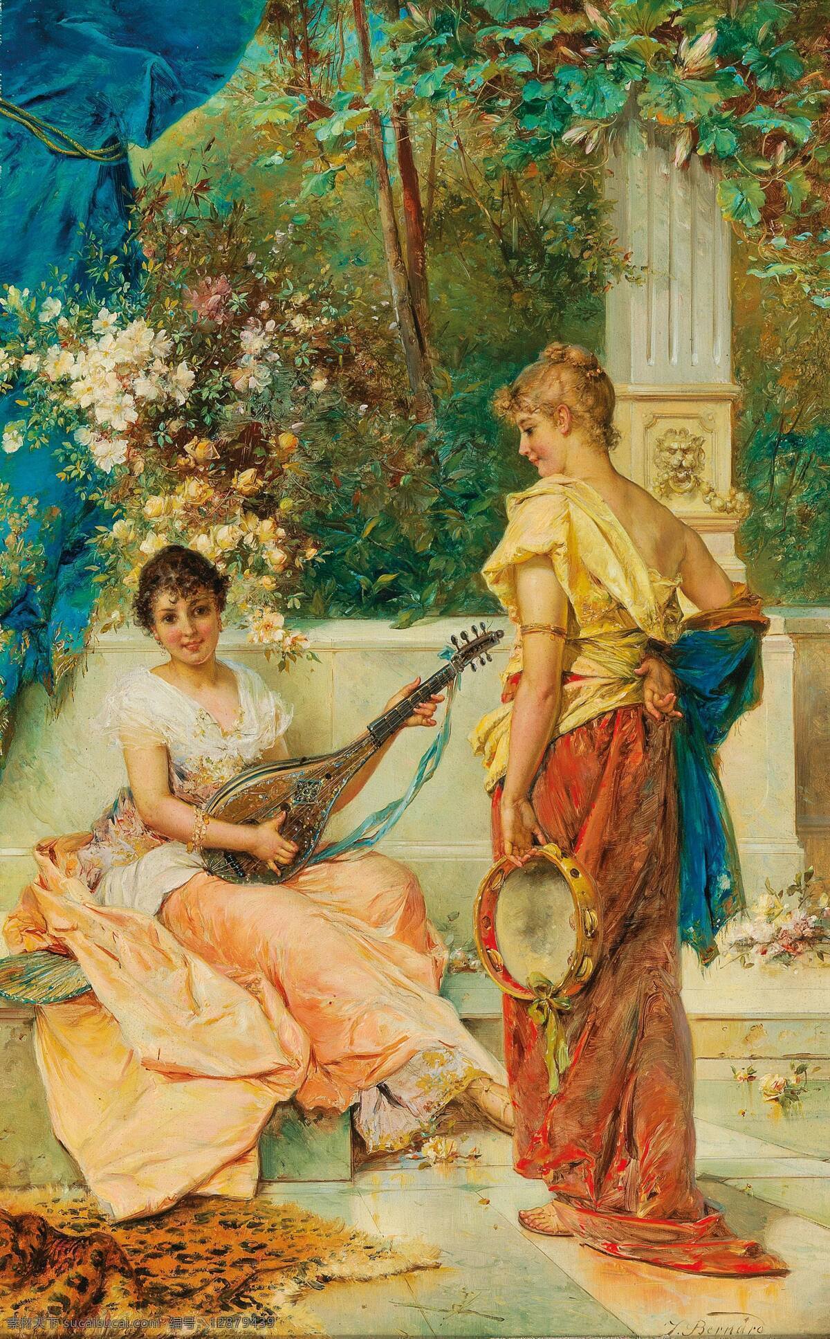 汉斯 扎 兹 卡 作品 奥地利画家 新浪漫主义 画派 两位美女 吉他 手鼓 19世纪油画 油画 文化艺术 绘画书法