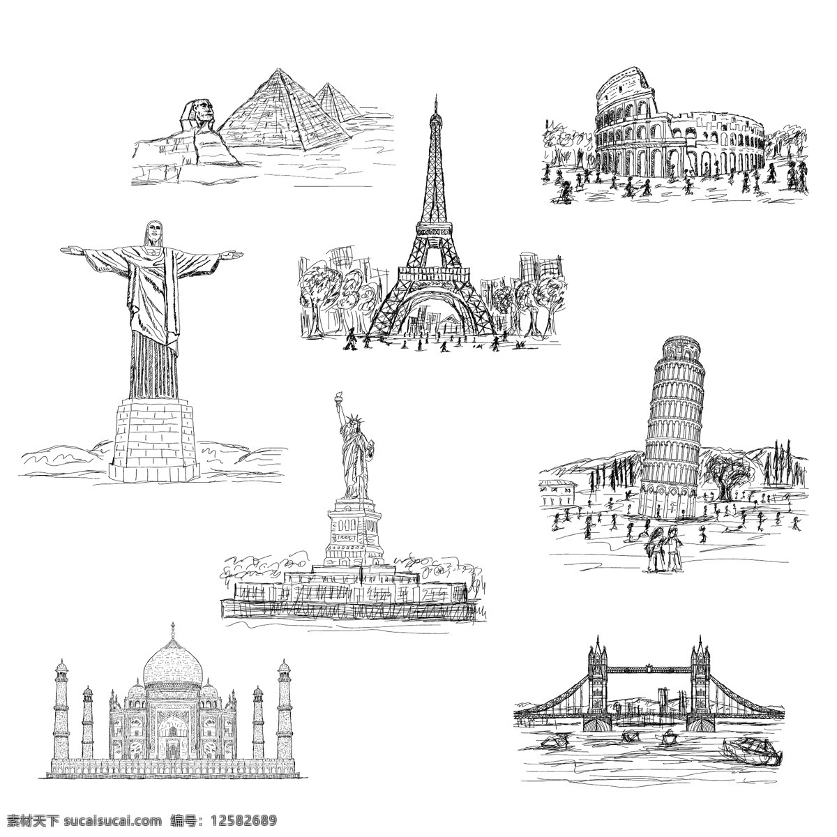 手绘 世界 著名 景观 格式 黑白 伦敦塔桥 女神像 矢量 高清图片