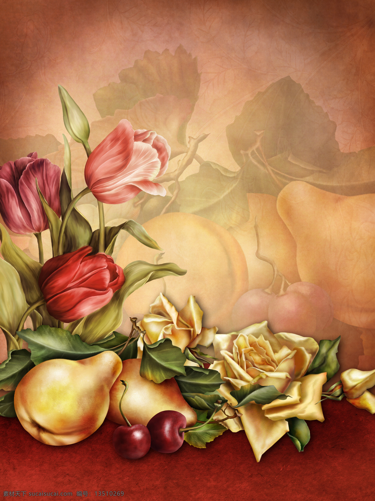 油画 鲜花 水果 静物 油画写生 梨 樱桃 郁金香 玫瑰花 鲜花背景 花朵 美丽花卉 底纹边框 怀旧鲜花背景