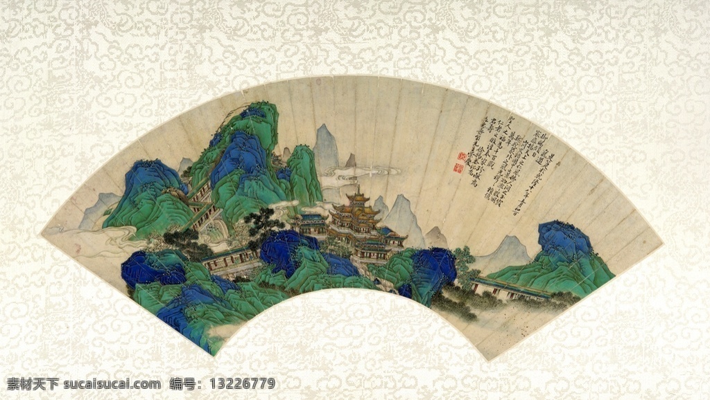 仙山樓閣圖 扇面 國畫 名畫 文物 寶藏 藝術(shù) 藝術(shù)瑰寶 工筆 筆法 臨摹 賞析 掃描 分段 合層 注意是合層 文化藝術(shù) 繪畫書法