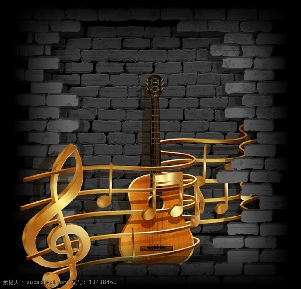 金色 音符 吉他 砖墙 乐谱 音乐 穿墙 矢量 高清图片