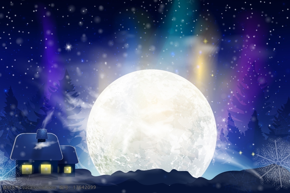 夜晚 月亮 风景图片 极光 雪花 卡通 冬季 矢量 高清图片