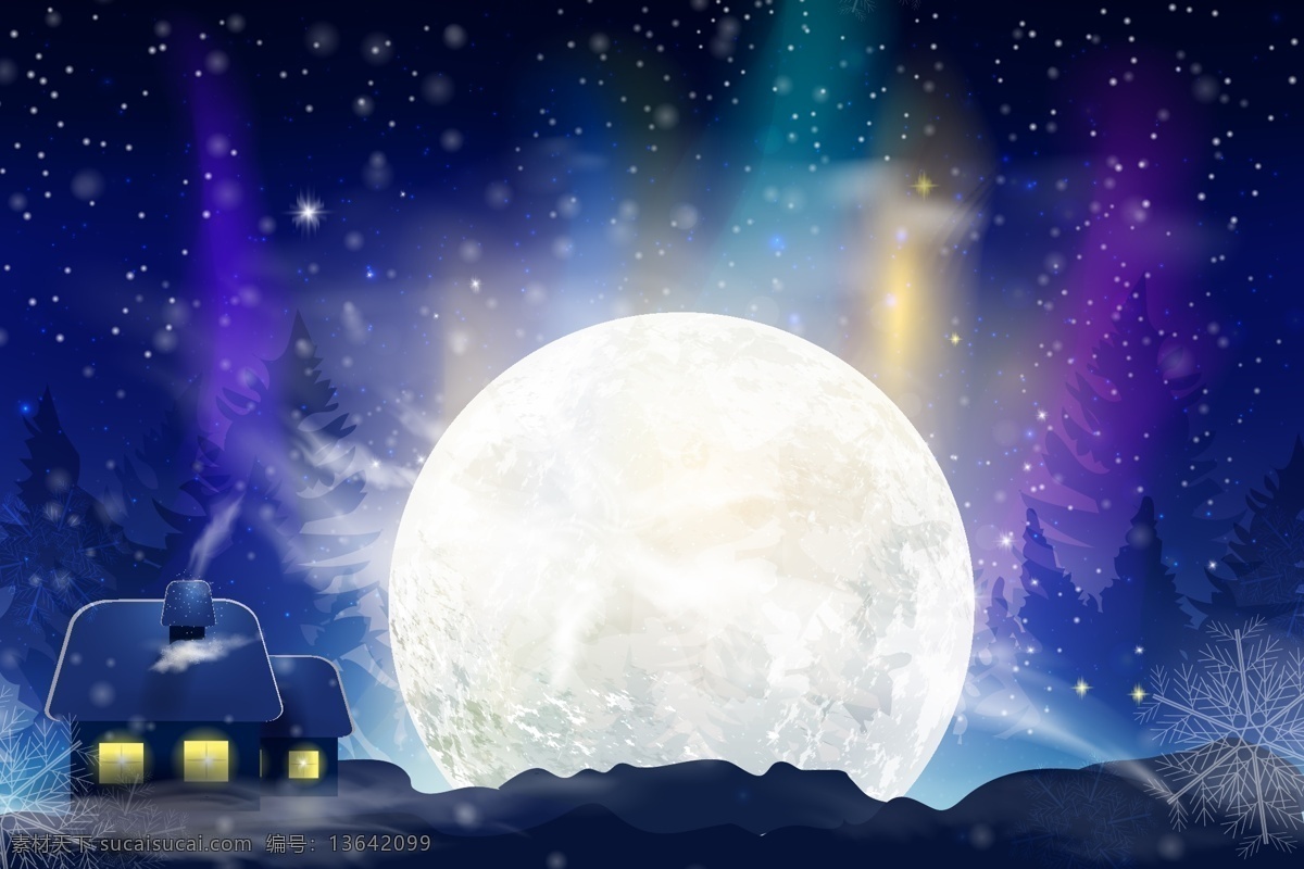 夜晚 月亮 風景圖片 極光 雪花 卡通 冬季 矢量 高清圖片