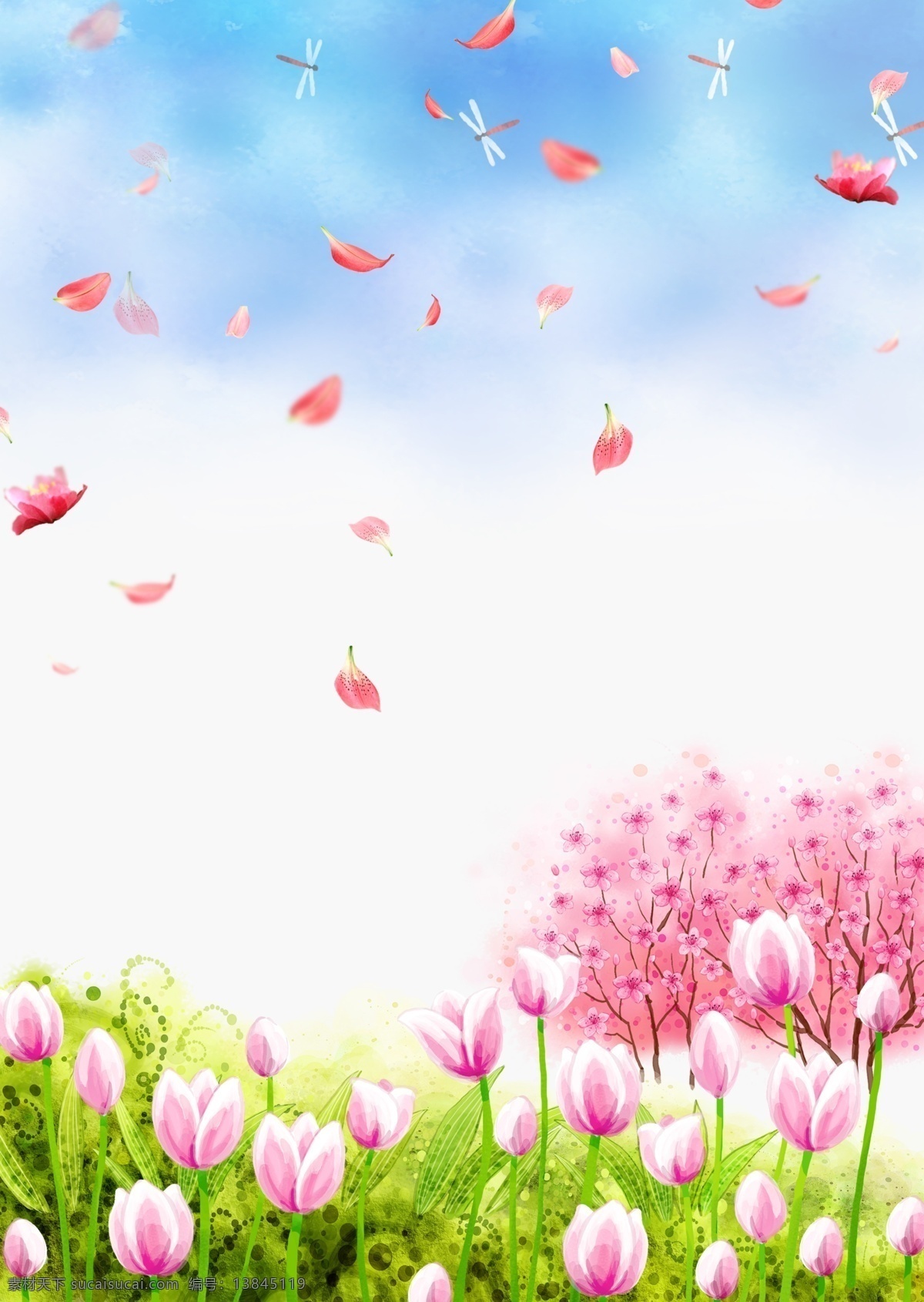 蓝色天空 下 鲜花 花儿朵朵 春色背景