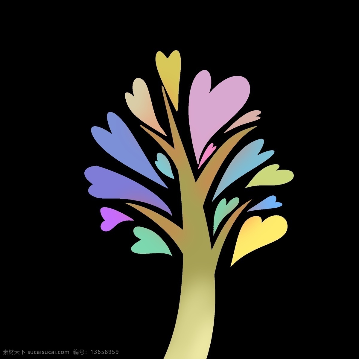 创意 心形 树木 插画 蓝色的心形 创意树木 卡通插画 树木插画 创意插画 树枝 树叶 黄色的心形