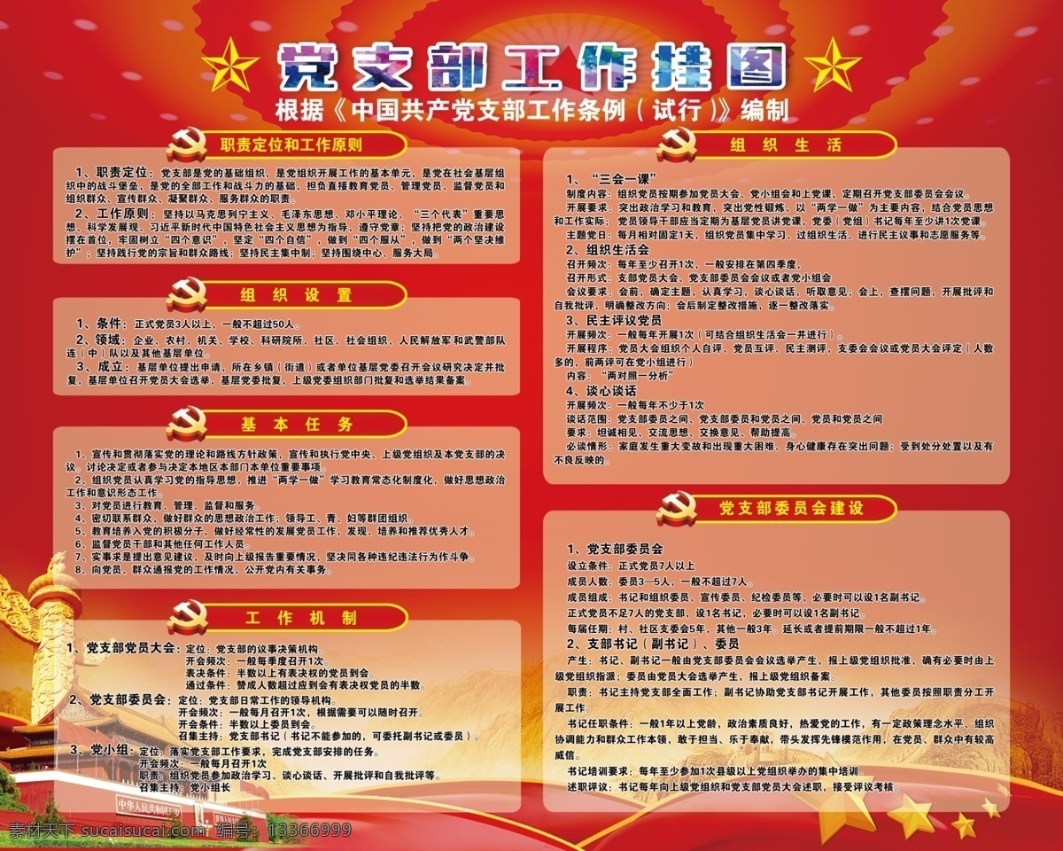 黨建 黨支部 工作條例 掛圖 工作掛圖 華表 天安門 五星 紅飄帶 人民大會堂 黨部工作條例 展板模板