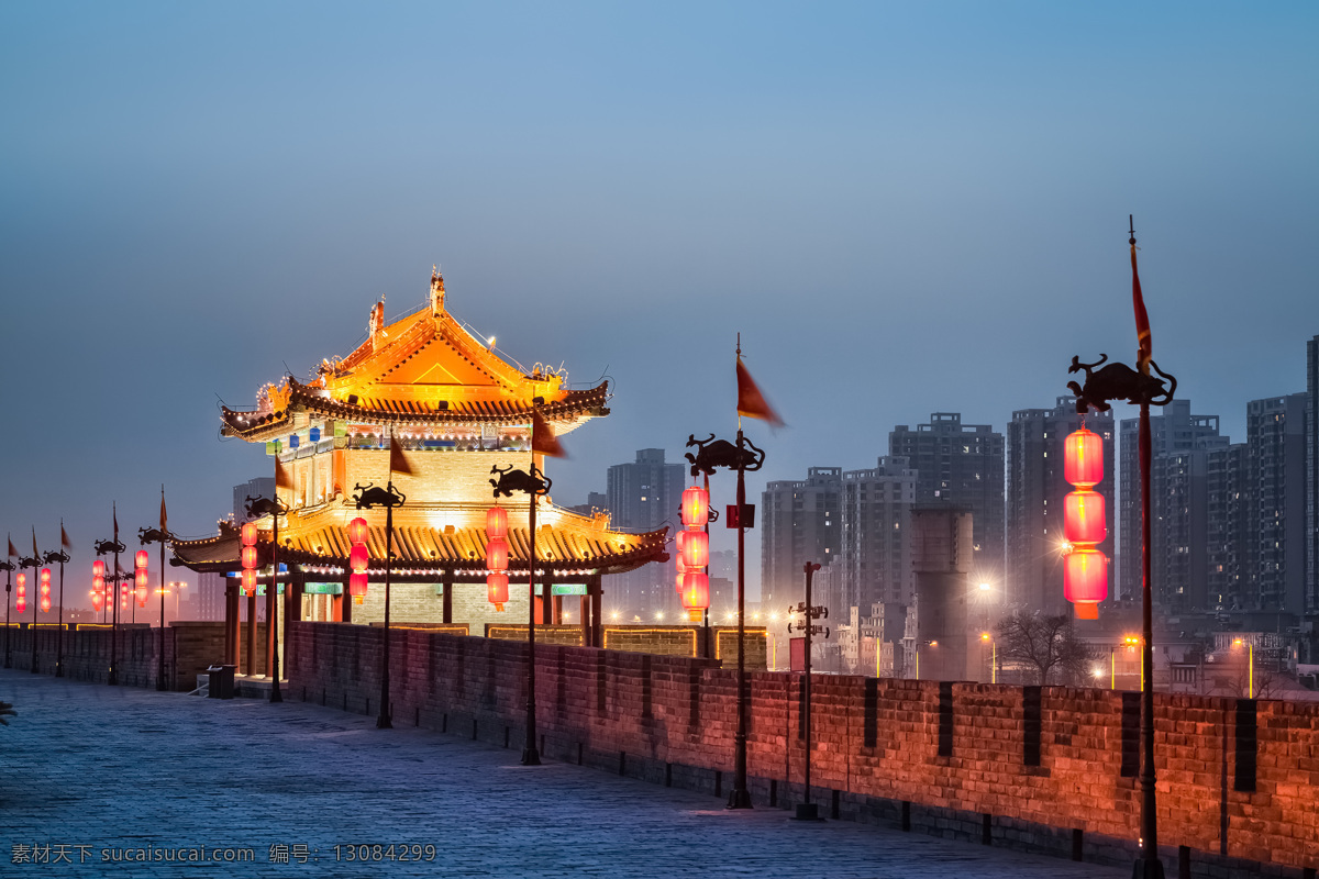 西安城墙图片 陕西 西安 城墙 夜景 灯笼 夜晚 古代 中式 长安 旅游摄影 人文景观