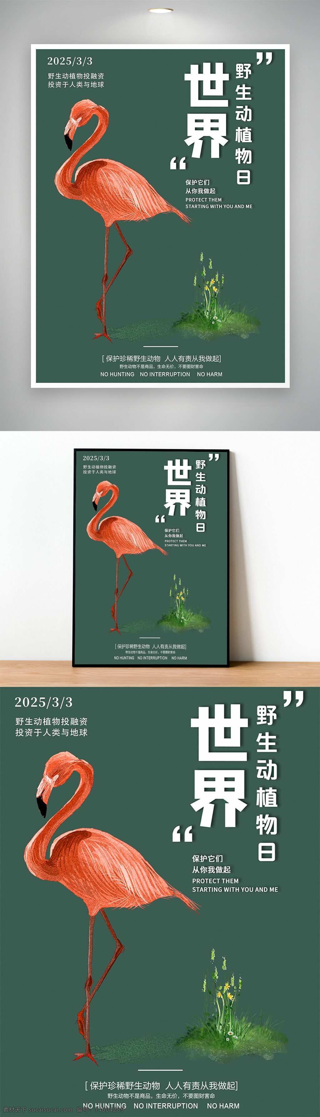 世界野生动植物日 火烈鸟海报 ?；ひ吧?节日宣传 自然?；?环境保护 生态平衡 绿色环保 公益宣传 野生动植物?；?无猎杀 无干扰 无伤害 从我做起