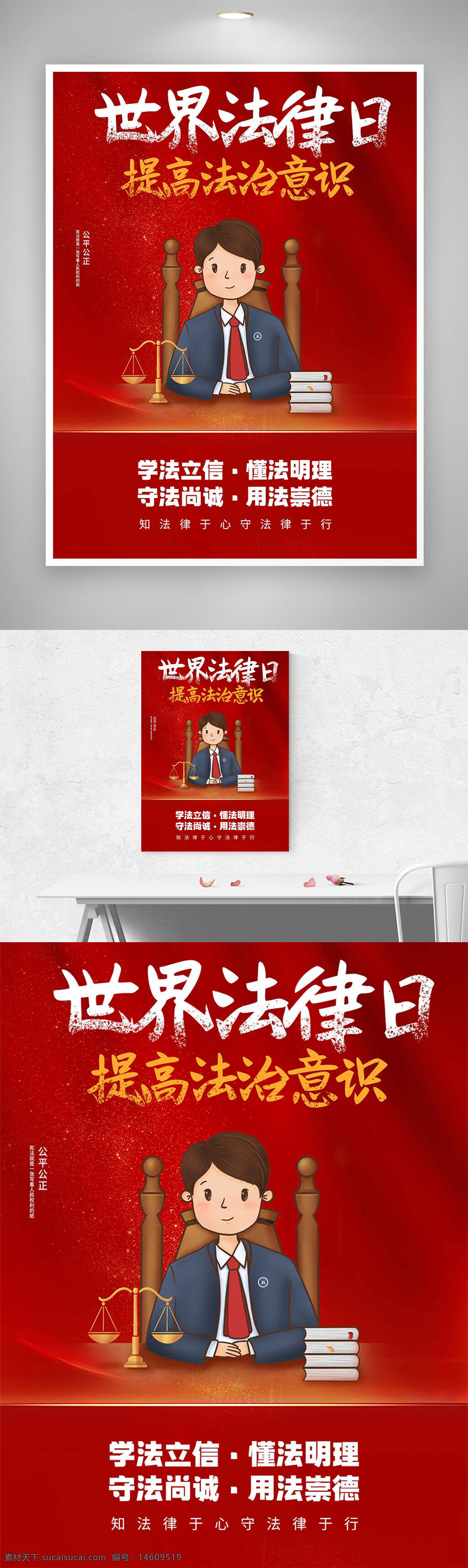 世界法律日 法治意识 手绘法官 红色主题 公平正义 普法教育 法律知识 法官元素 法律文化 法律公正 法律责任 节日海报