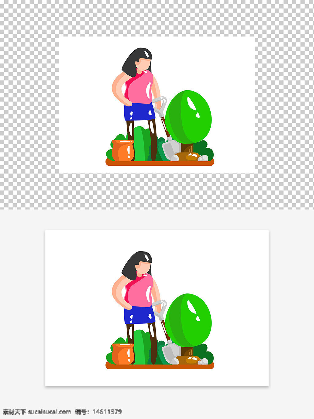 园艺 女性 卡通 手绘 插画 植树 种植 园林 铲子 绿植 环保 自然 劳动 户外 创意