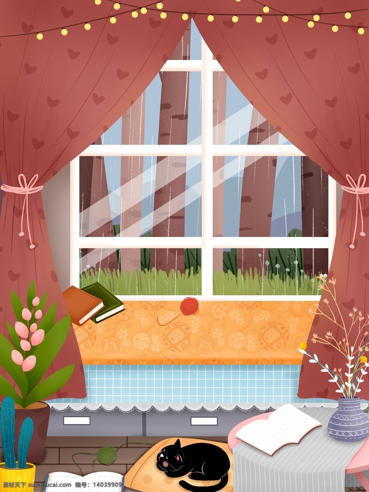 彩绘 冬季 温馨 家居 盆栽 背景 小猫 桌子 窗外风景 背景素材 插画背景 通用背景 手绘背景