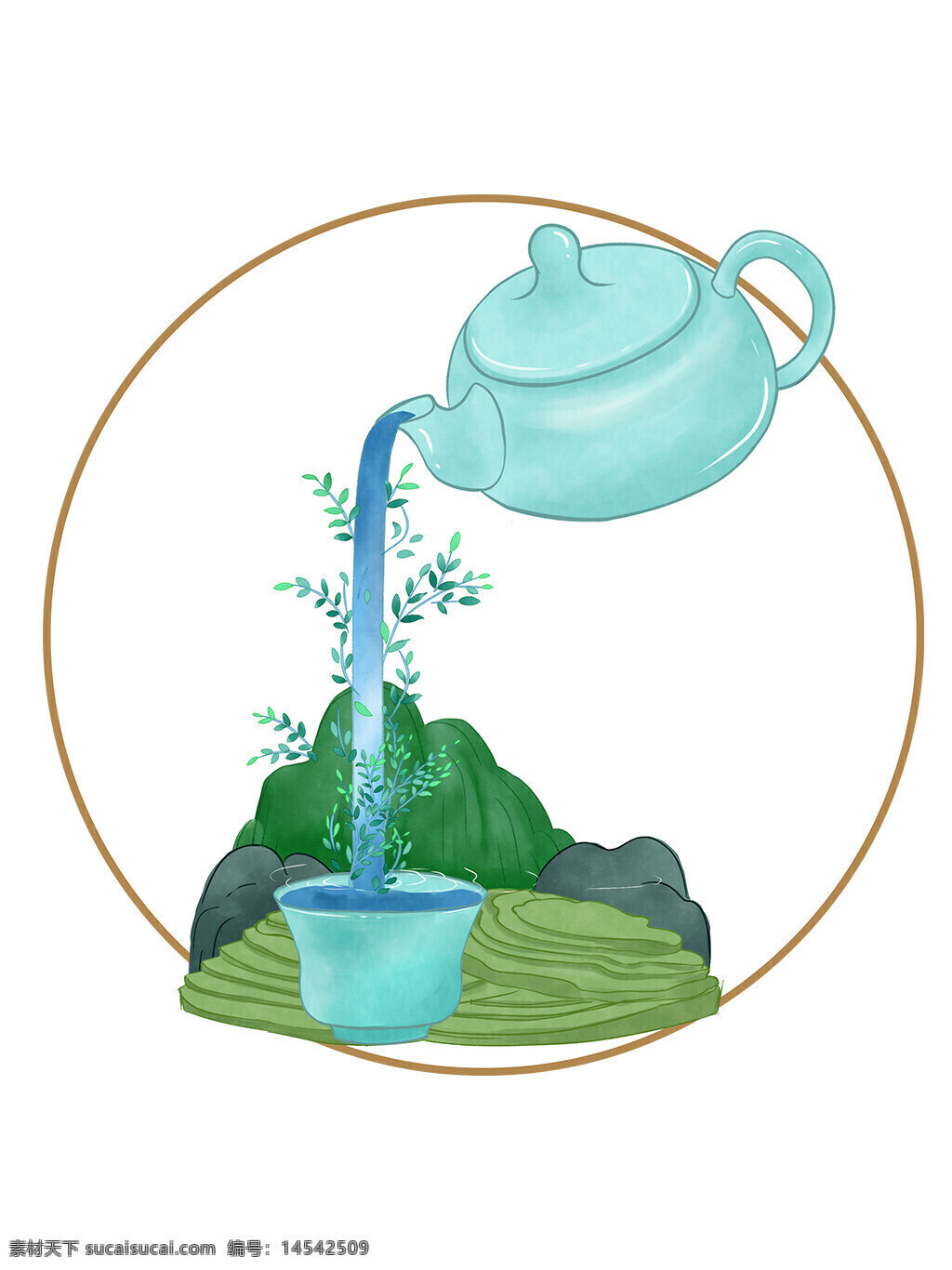 小清新 茶杯 茶壶 茶田 沏茶 泡茶 元素 茶水