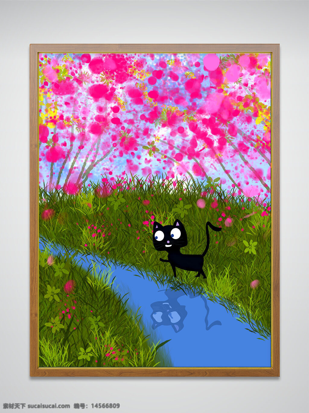 插画 小猫 游玩 花 手绘 简约 河流 草地