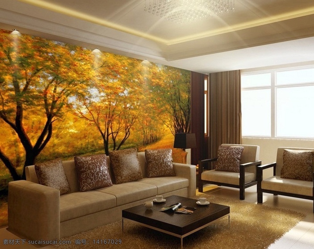 田园 风格 壁纸 装饰 效果图 树叶 金黄 客厅 墙纸