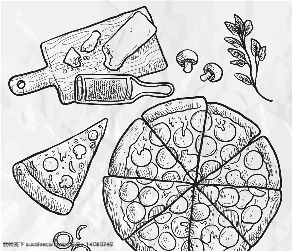 复古 风格 手绘 比萨饼 葡萄酒 食品 餐厅 绘画 插图 手工 意大利 抽纱 切片 图标 高清 源文件