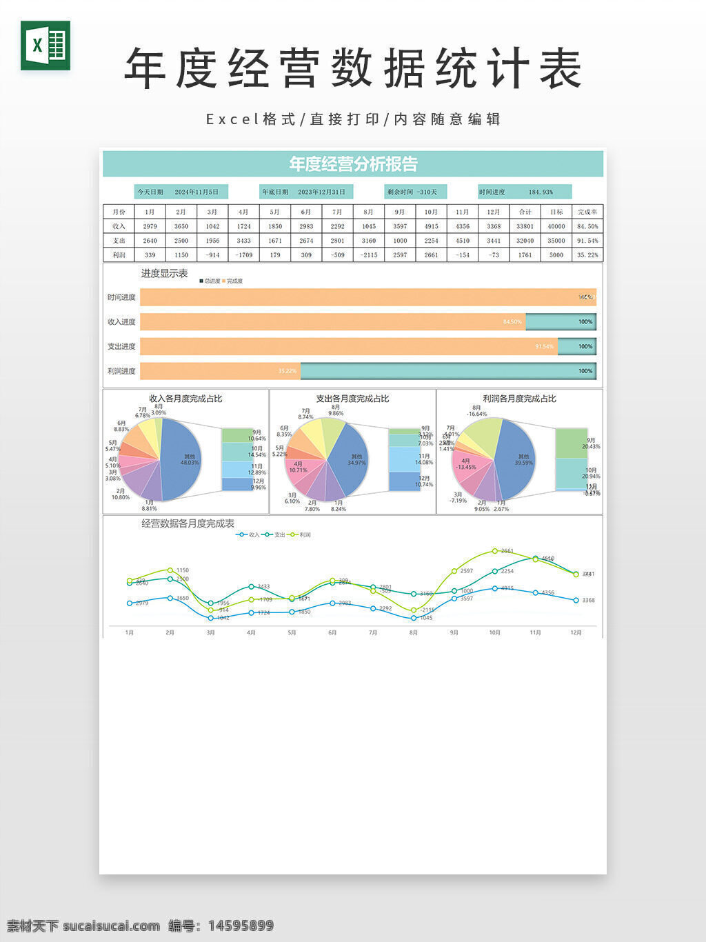 年度经营分析 收入分析 支出分析 利润分析 进度显示 月度完成比 年度目标 财务报表 经济指标 财务分析 数据图表 饼图 折线图 财务数据 经营报告 支出完成情况 利润完成情况 财务进展 年度总结