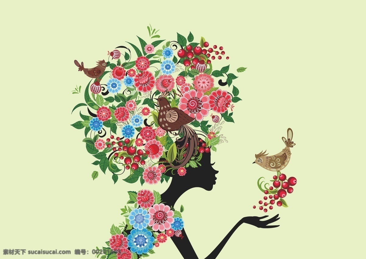 花仙子 花朵 鲜花 小鸟 葡萄 果子 树叶 美女 时尚插画 卡通插画 古典背景 背景底纹 矢量 其他设计
