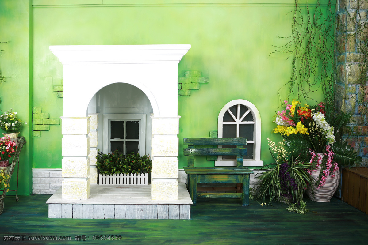 背景 背景图片 长椅 道具 绿色墙 欧式风格 欧式 风格 唯美 内景 白色走廊 家居装饰素材