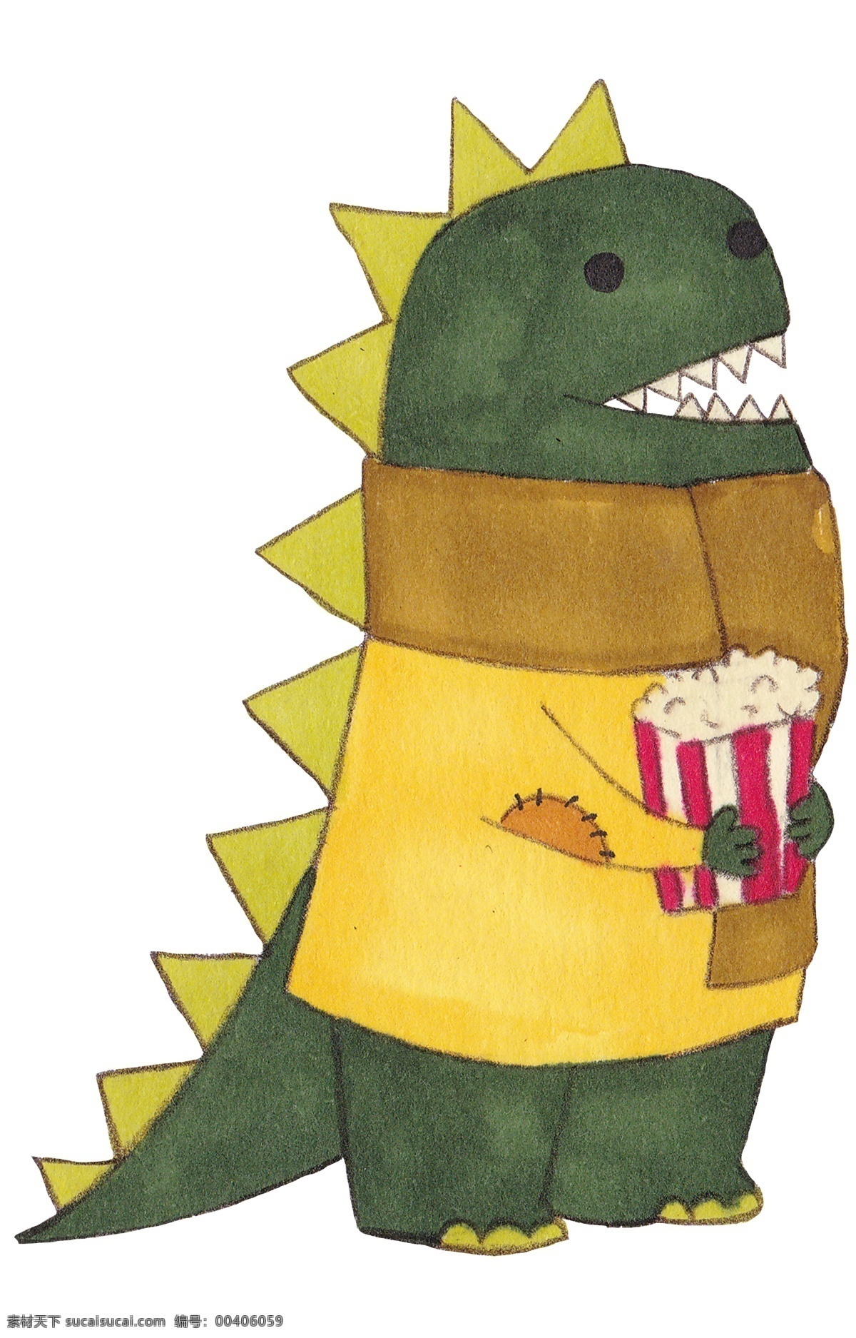 水彩 手绘 创意 小 恐龙 插画 绿色小恐龙 爆米花 吃爆米花 拟人小恐龙 夸张风格 水彩恐龙 手绘恐龙插画