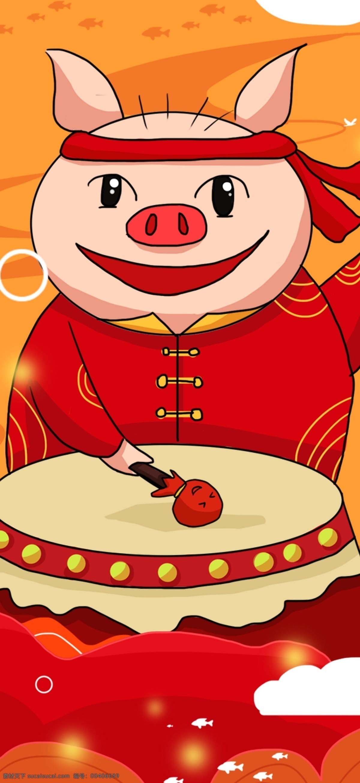 中国 风 红色 喜庆 猪年 可爱 卡通 小 猪 打鼓 插画 白云 中国风 小猪 鞭炮 炮竹 灯笼