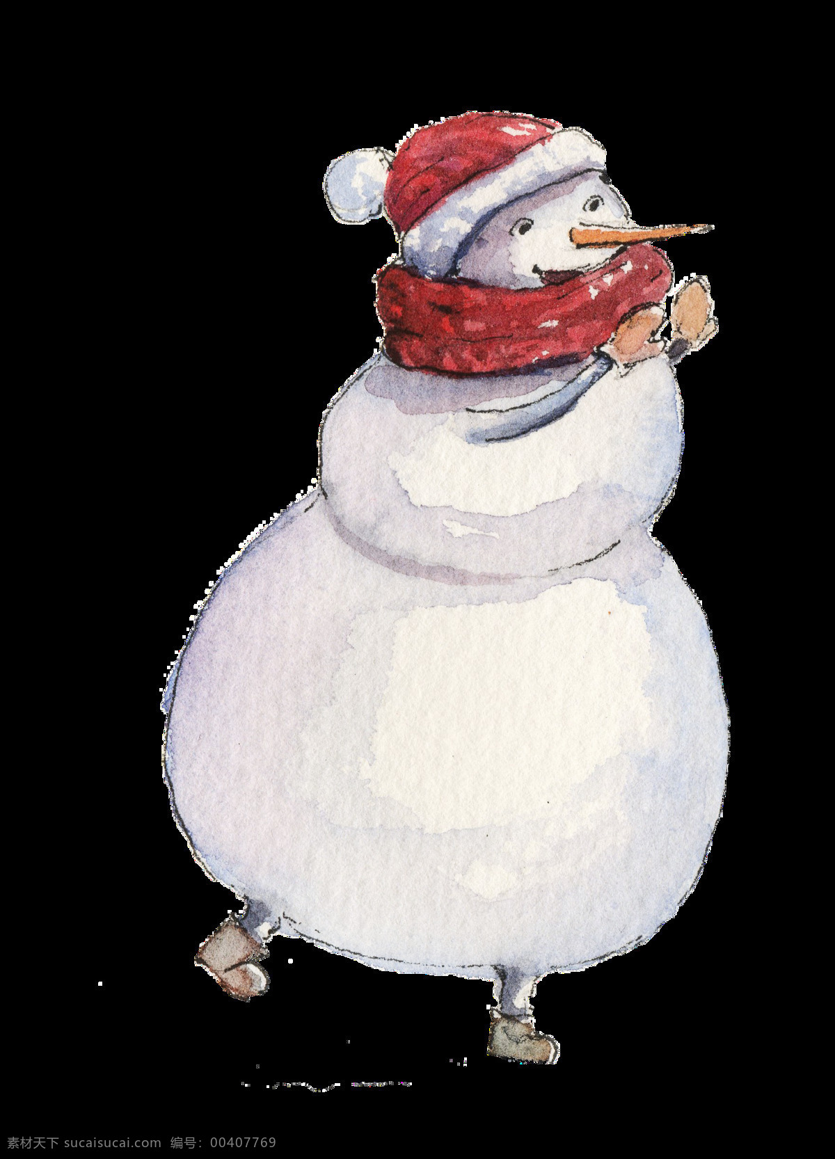 手绘 开心 玩耍 雪人 透明 红色围巾 雪白 站着 帽子 透明素材 免扣素材 装饰图片